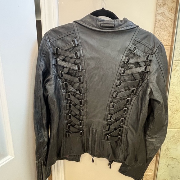 Affliction Black Leather Jacket with Purple Lining - Picture 3 of 5